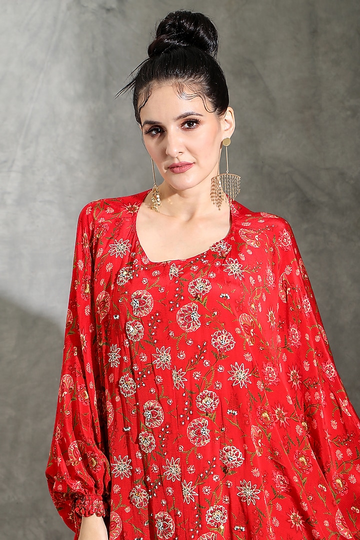 Red Natural Crepe Printed & Embellished Kaftan Set by Shreya J at Pernia's Pop Up Shop