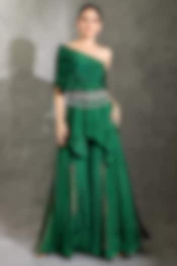 Green Chinon Dhari Printed Flared Sharara Set by Shreya J