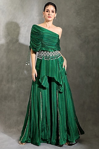 Green Chinon Dhari Printed Flared Sharara Set by Shreya J