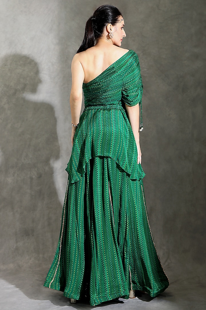 Green Chinon Dhari Printed Flared Wedding Sharara Set by Shreya J at Pernia's Pop Up Shop
