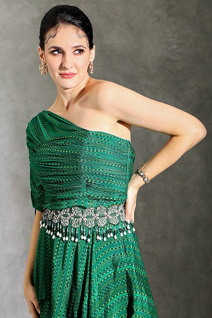 Green Chinon Dhari Printed Flared Wedding Sharara Set by Shreya J at Pernia's Pop Up Shop