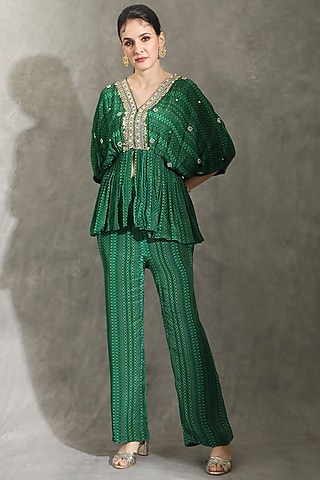 Green Natural Crepe Dhari Printed & Embellished Draped Co-Ord Set by Shreya J