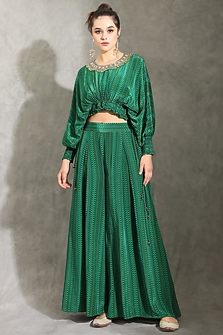Green Natural Crepe Dhari Printed & Embellished Draped Palazzo Pant Set by Shreya J