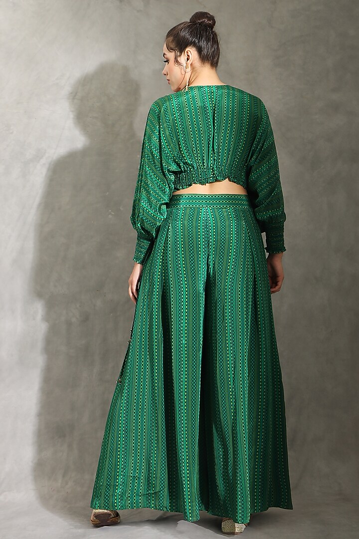 Green Natural Crepe Dhari Printed & Embellished Draped Palazzo Pant Set by Shreya J at Pernia's Pop Up Shop