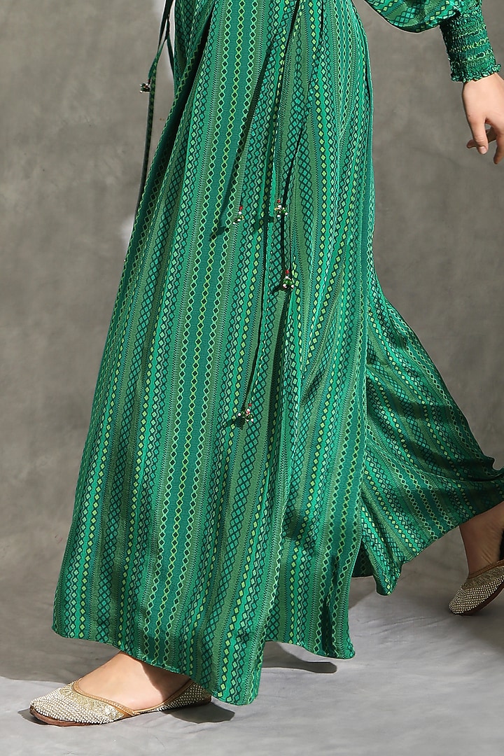 Green Natural Crepe Dhari Printed & Embellished Draped Palazzo Pant Set by Shreya J at Pernia's Pop Up Shop