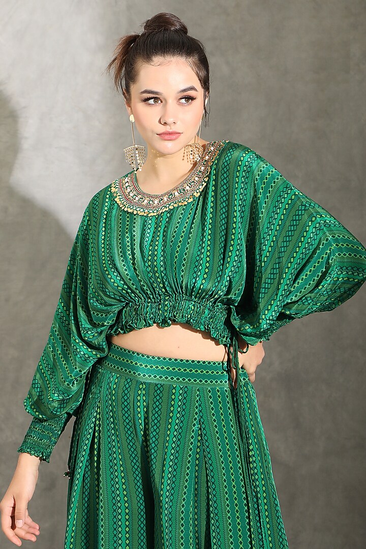 Green Natural Crepe Dhari Printed & Embellished Draped Palazzo Pant Set by Shreya J at Pernia's Pop Up Shop