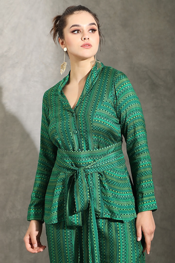 Green Dupion Silk Dhari Printed Co-Ord Set by Shreya J at Pernia's Pop Up Shop