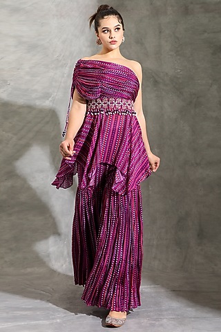 Purple Chinon Dhari Printed Flared Sharara Set by Shreya J