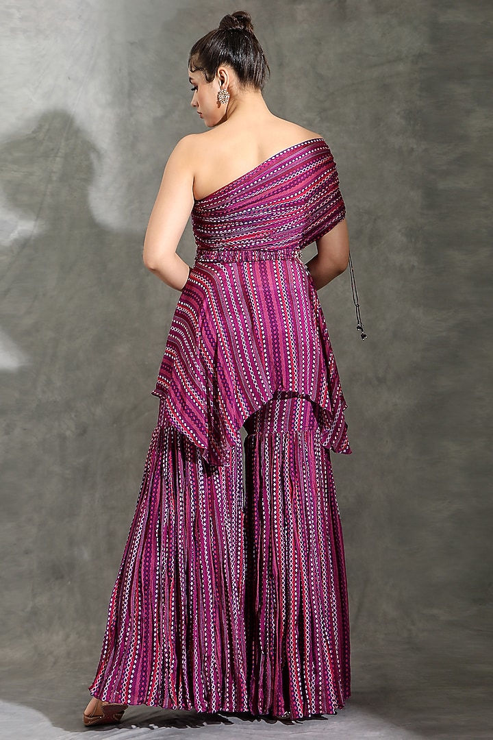 Purple Chinon Dhari Printed Flared Wedding Sharara Set by Shreya J at Pernia's Pop Up Shop