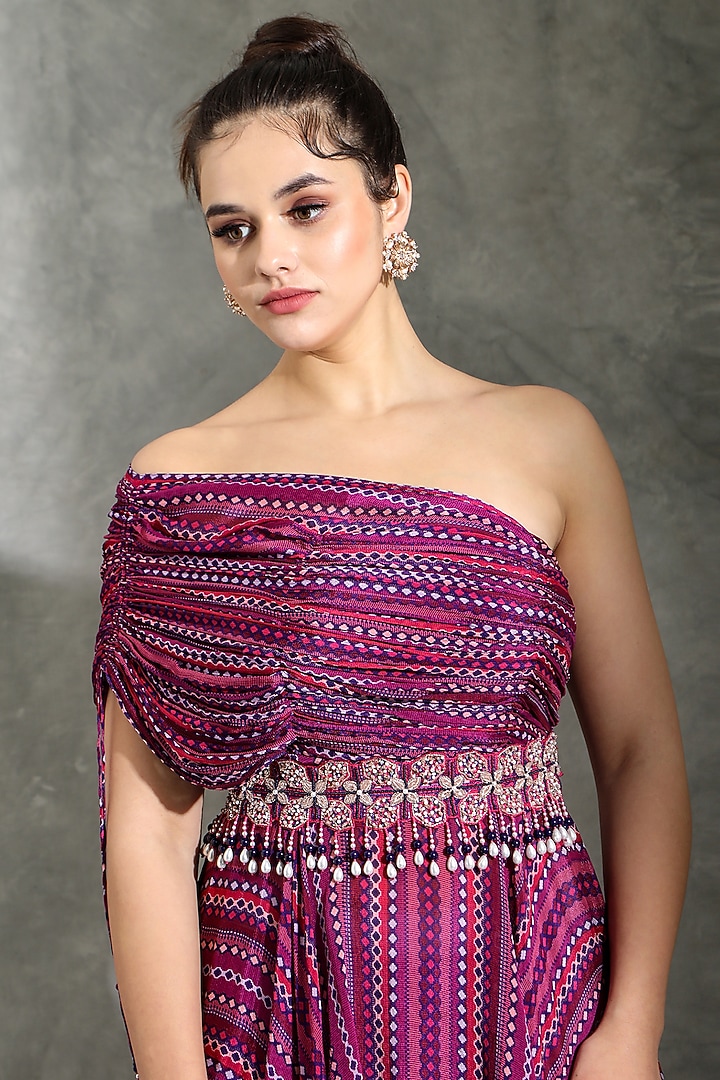 Purple Chinon Dhari Printed Flared Wedding Sharara Set by Shreya J at Pernia's Pop Up Shop
