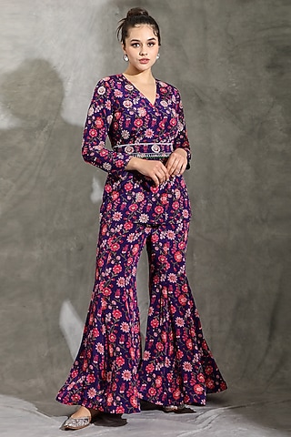 Purple Natural Crepe Printed Jacket Set by Shreya J