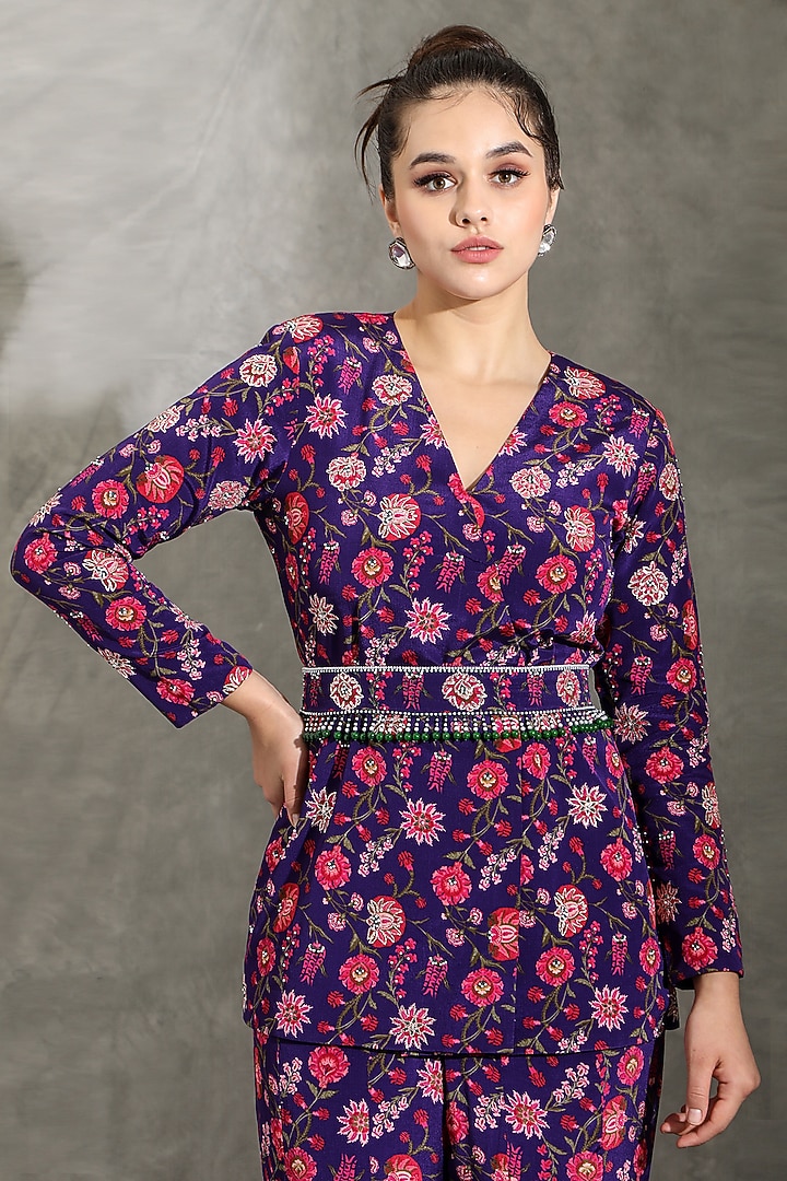 Purple Natural Crepe Printed Jacket Set by Shreya J at Pernia's Pop Up Shop