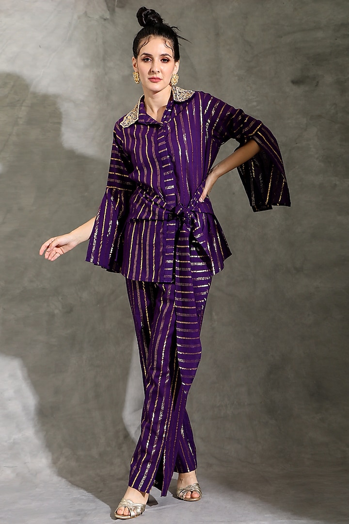 Purple Cotton Lurex Striped & Embellished Co-Ord Set by Shreya J