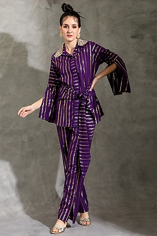 Purple Cotton Lurex Striped & Embellished Co-Ord Set by Shreya J