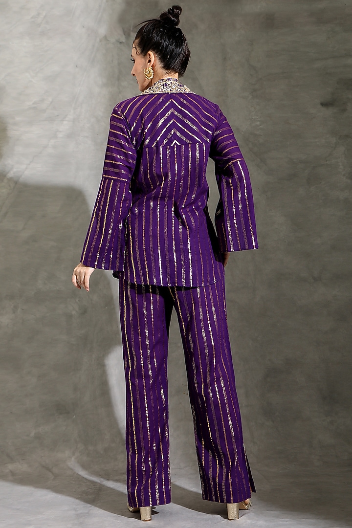Purple Cotton Lurex Striped & Embellished Co-Ord Set by Shreya J at Pernia's Pop Up Shop