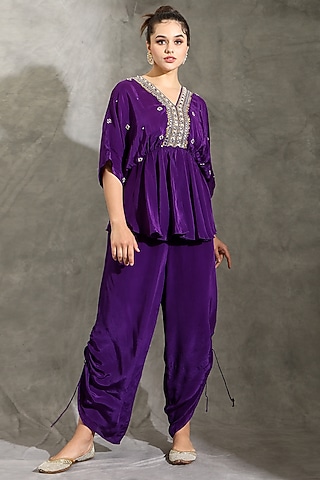 Purple Natural Crepe Embellished Co-Ord Set by Shreya J