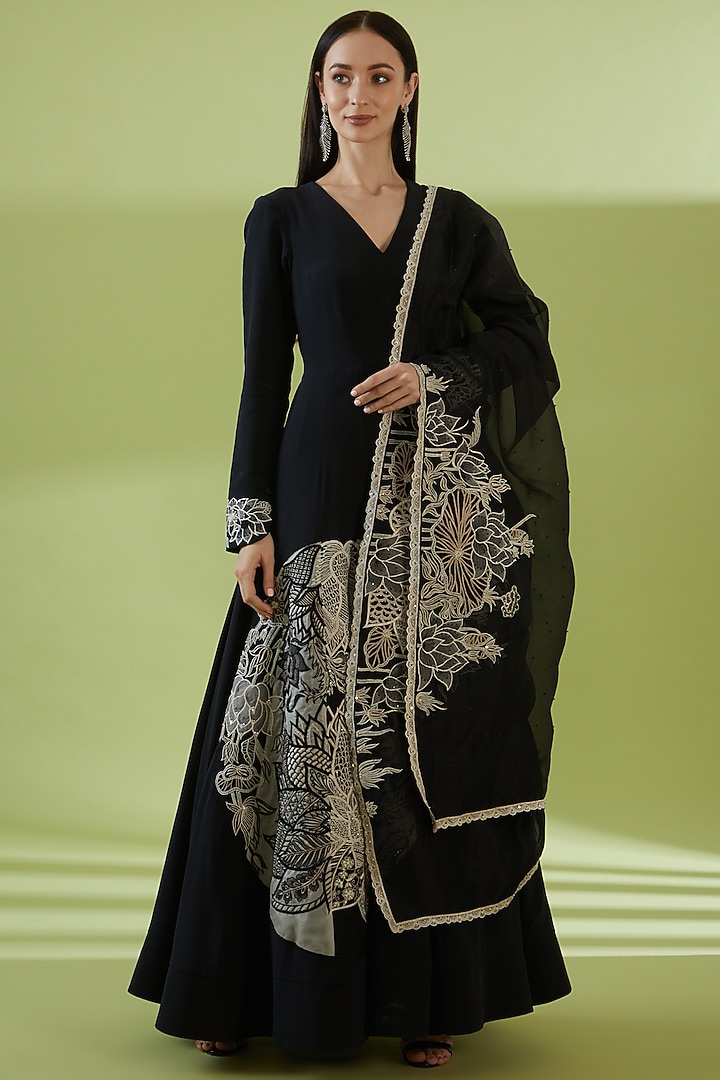 Black Silk Crepe Chintz Embroidered Bridal Anarkali Set by SHREEKA at Pernia's Pop Up Shop