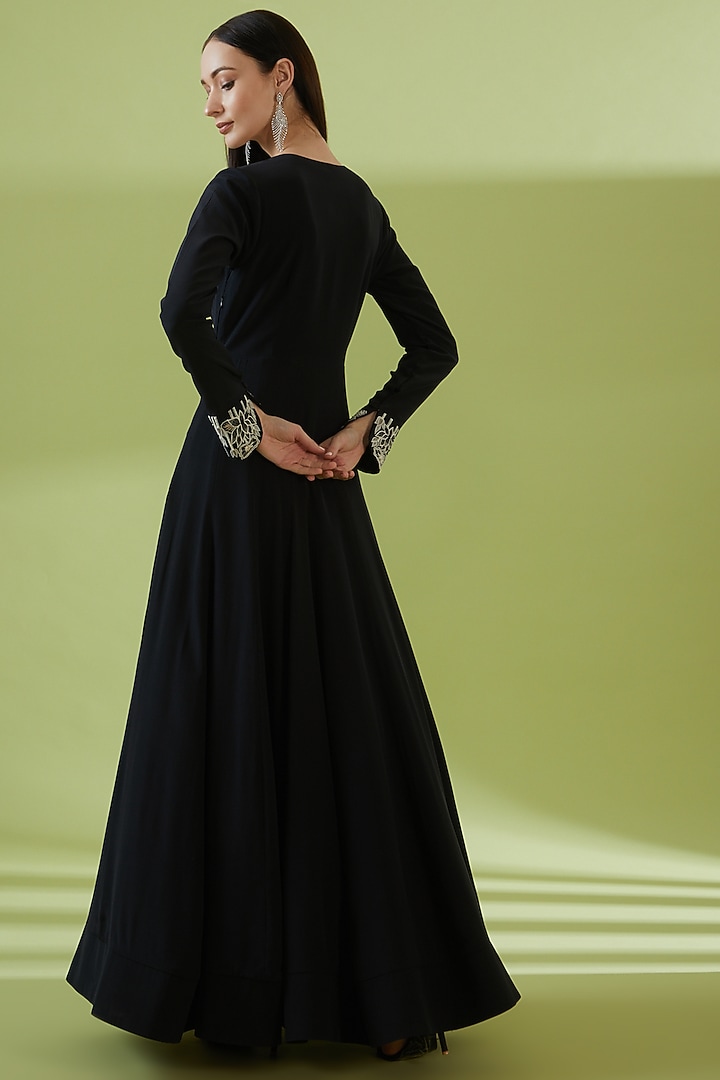 Black Silk Crepe Chintz Embroidered Bridal Anarkali Set by SHREEKA at Pernia's Pop Up Shop