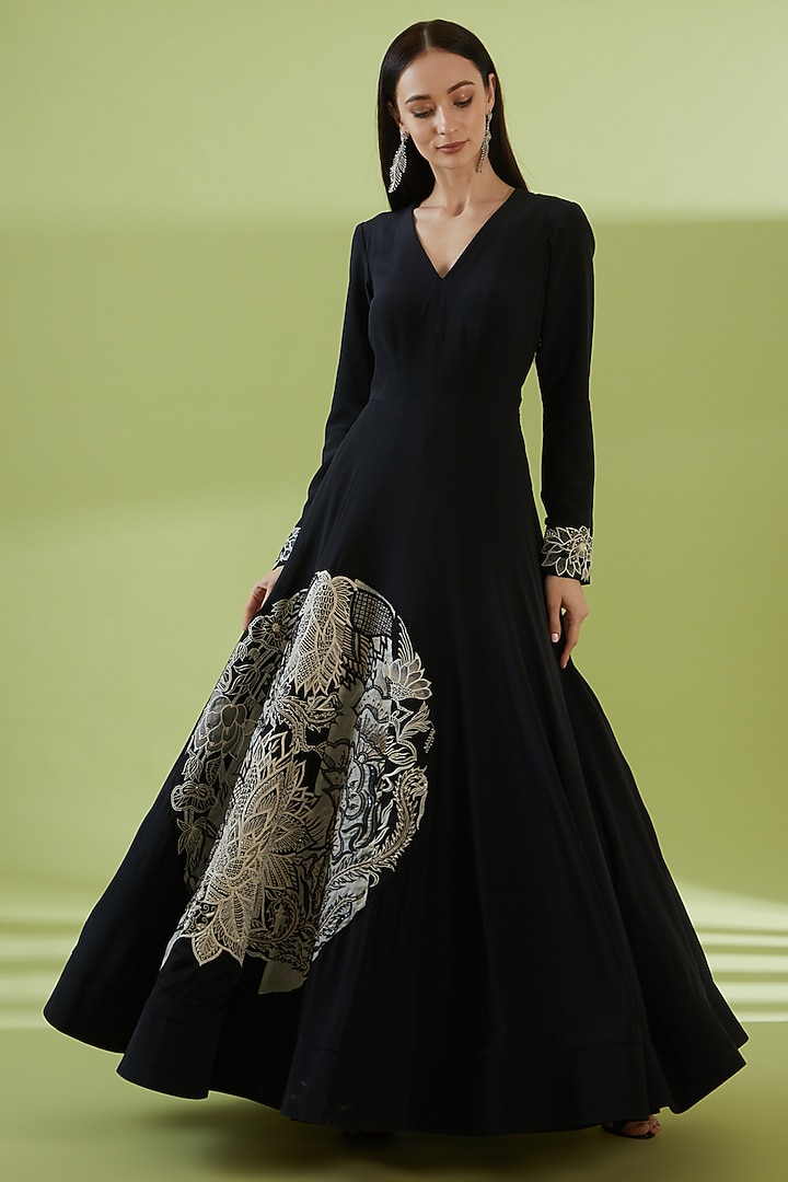 Black Silk Crepe Chintz Embroidered Bridal Anarkali Set by SHREEKA at Pernia's Pop Up Shop