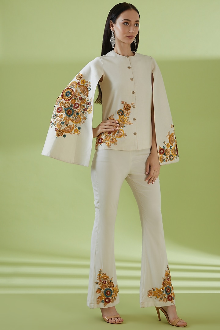 Ivory Chanderi & Silk Hand Embroidered Cape Jacket Set by SHREEKA