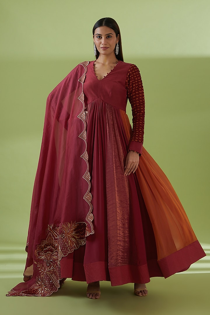 Deep Red Crepe Silk & Chiffon Silk Embroidered Anarkali Set by SHREEKA