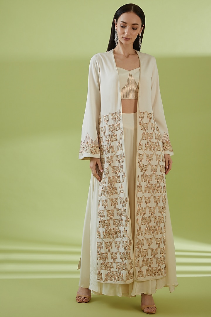 Ivory & Gold Silk Crepe Embroidered Jacket Set by SHREEKA