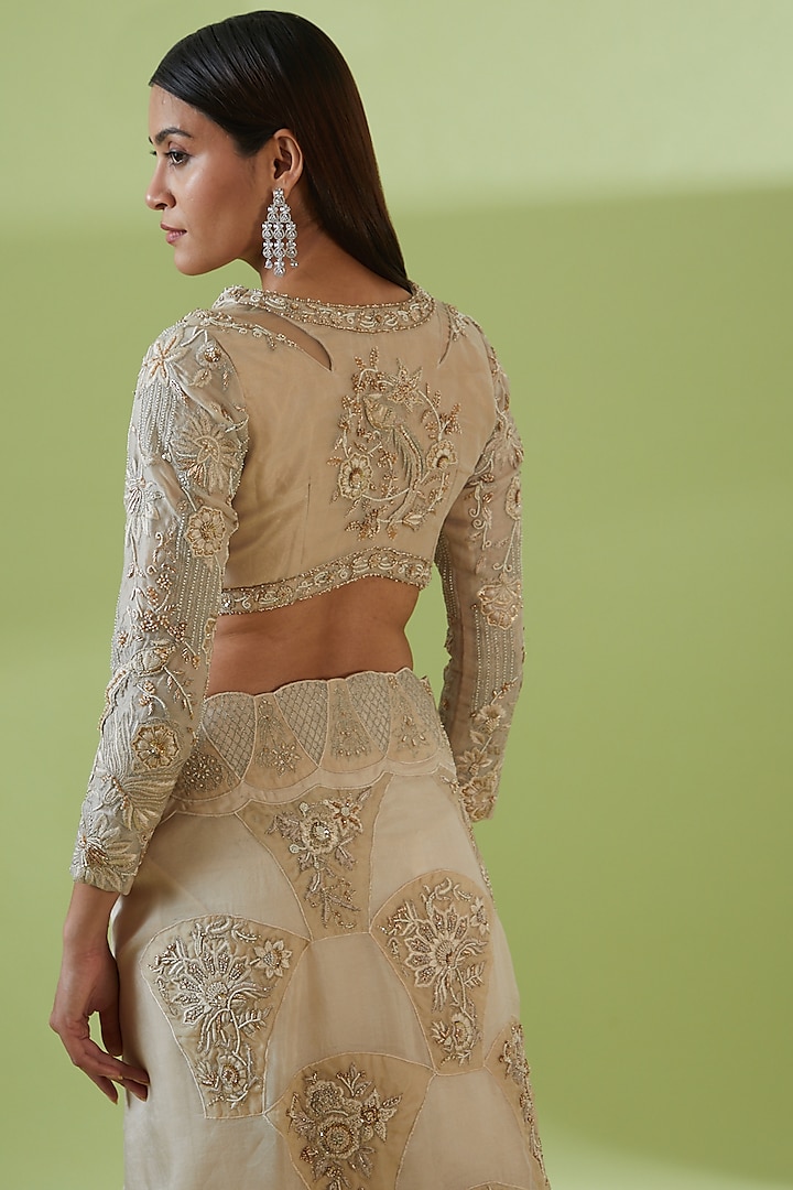 Beige Organza Embroidered Reception Saree Set by SHREEKA at Pernia's Pop Up Shop