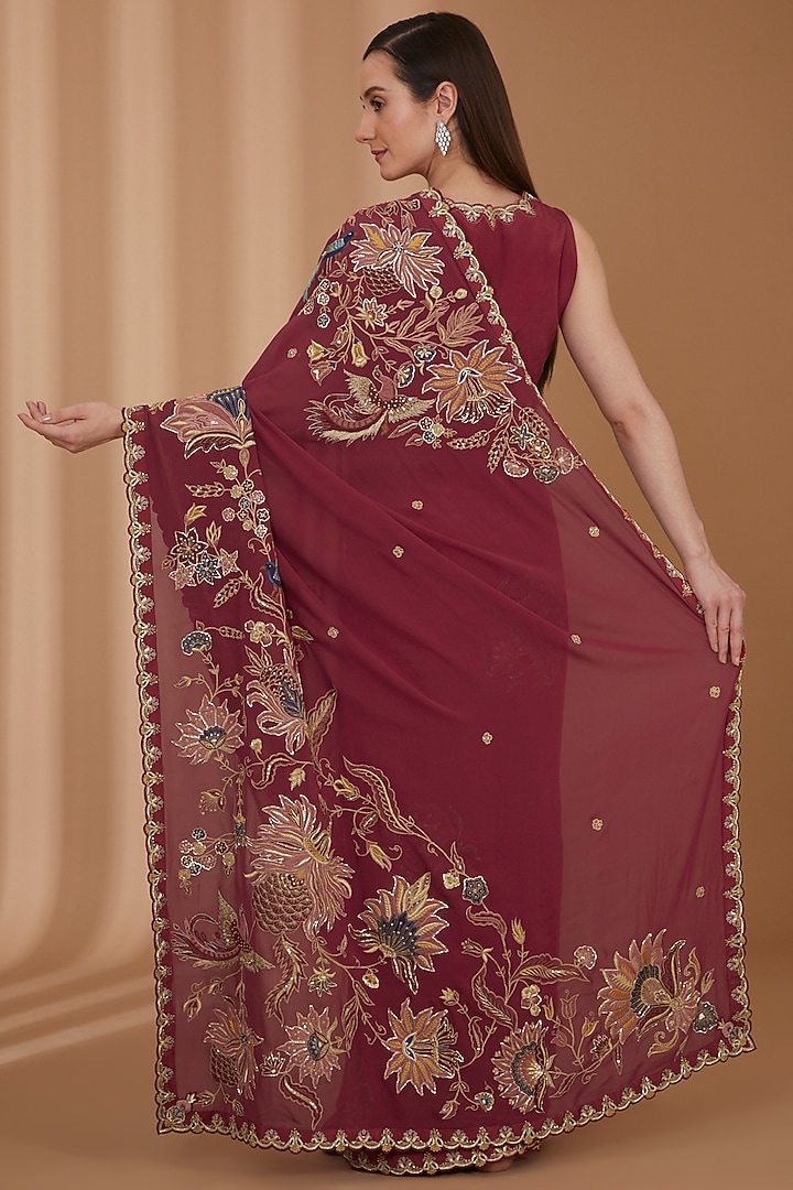 Deep Red Silk Crepe Embellished Reception Saree Set by SHREEKA at Pernia's Pop Up Shop
