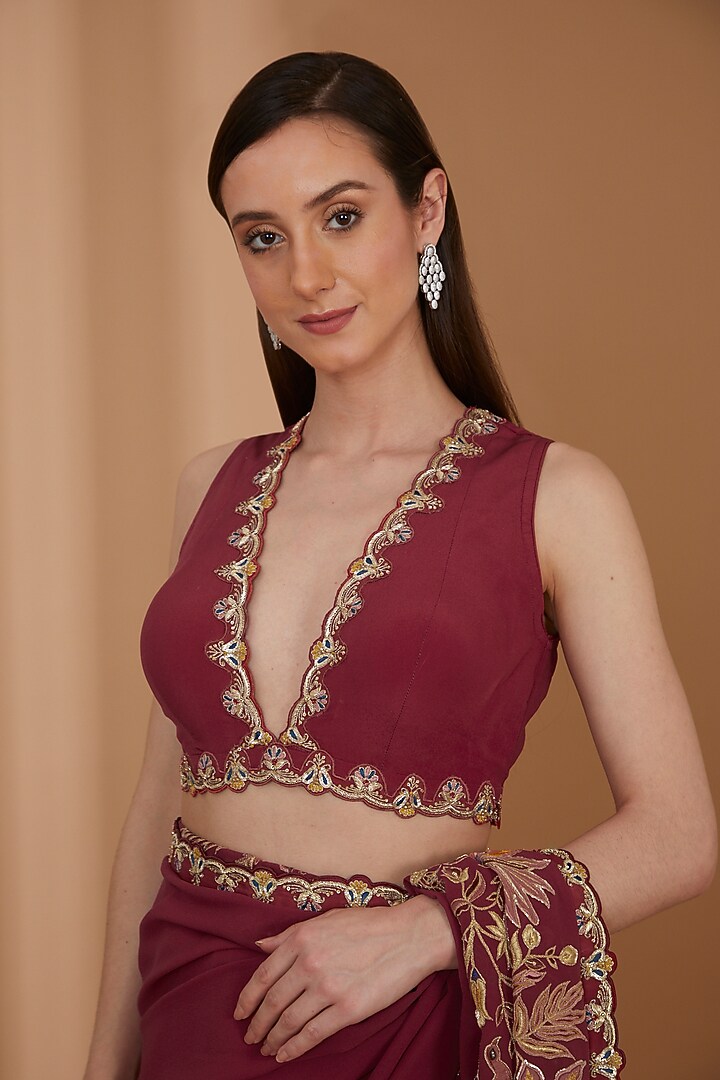 Deep Red Silk Crepe Embellished Reception Saree Set by SHREEKA at Pernia's Pop Up Shop