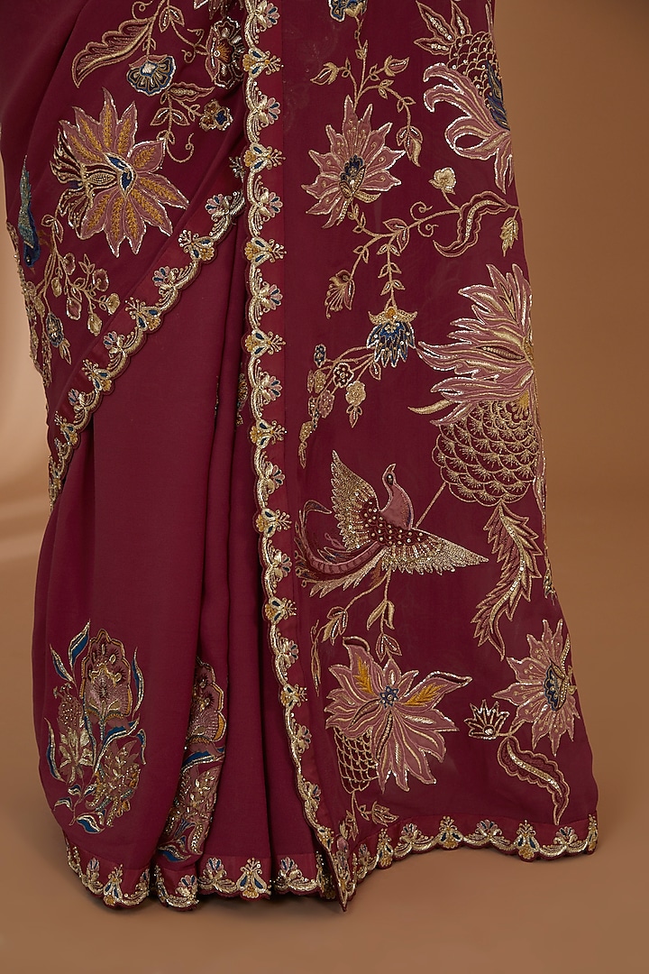 Deep Red Silk Crepe Embellished Reception Saree Set by SHREEKA at Pernia's Pop Up Shop