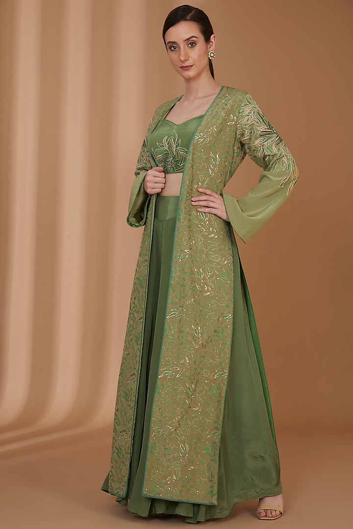 Pista Green Georgette Front Slit Long Dress