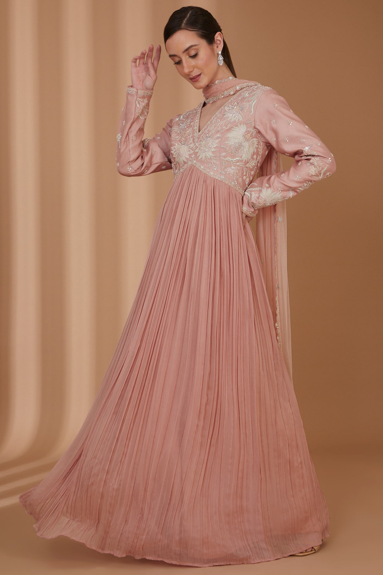 Dusty Rose Hand Embroidered Chanderi Anarkali Set main image 0