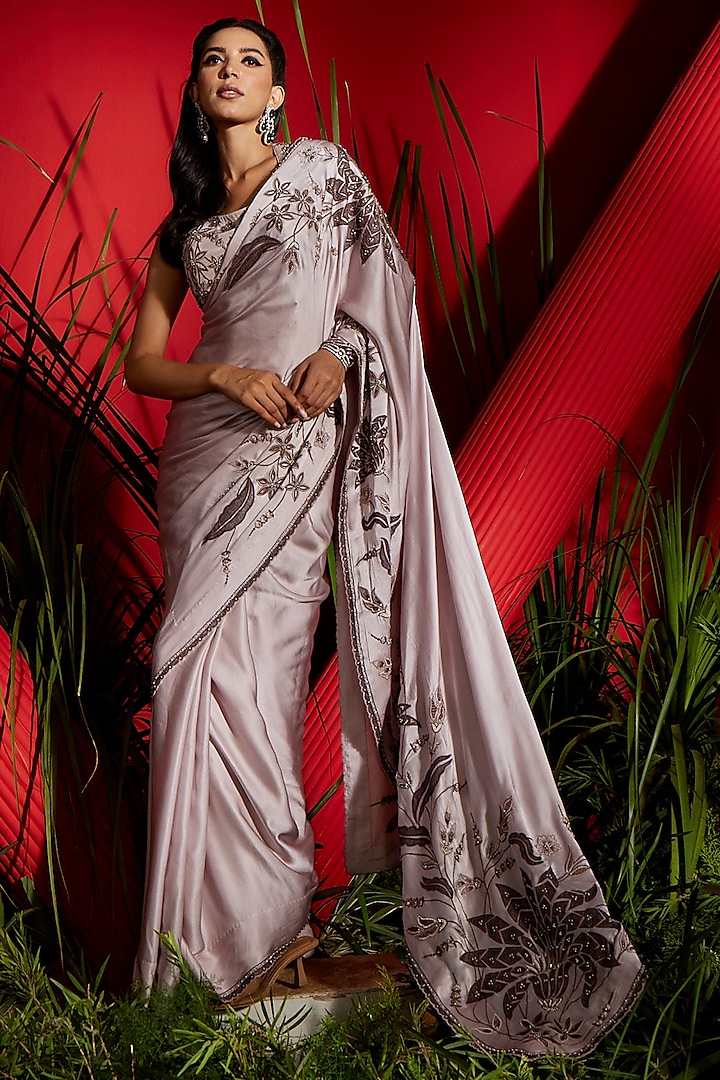 Mauve Silk Satin Embroidered Saree Set by SHREEKA at Pernia's Pop Up Shop