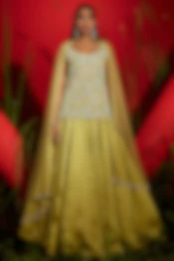 Lime Green Satin Silk Organza Skirt Set by SHREEKA at Pernia's Pop Up Shop