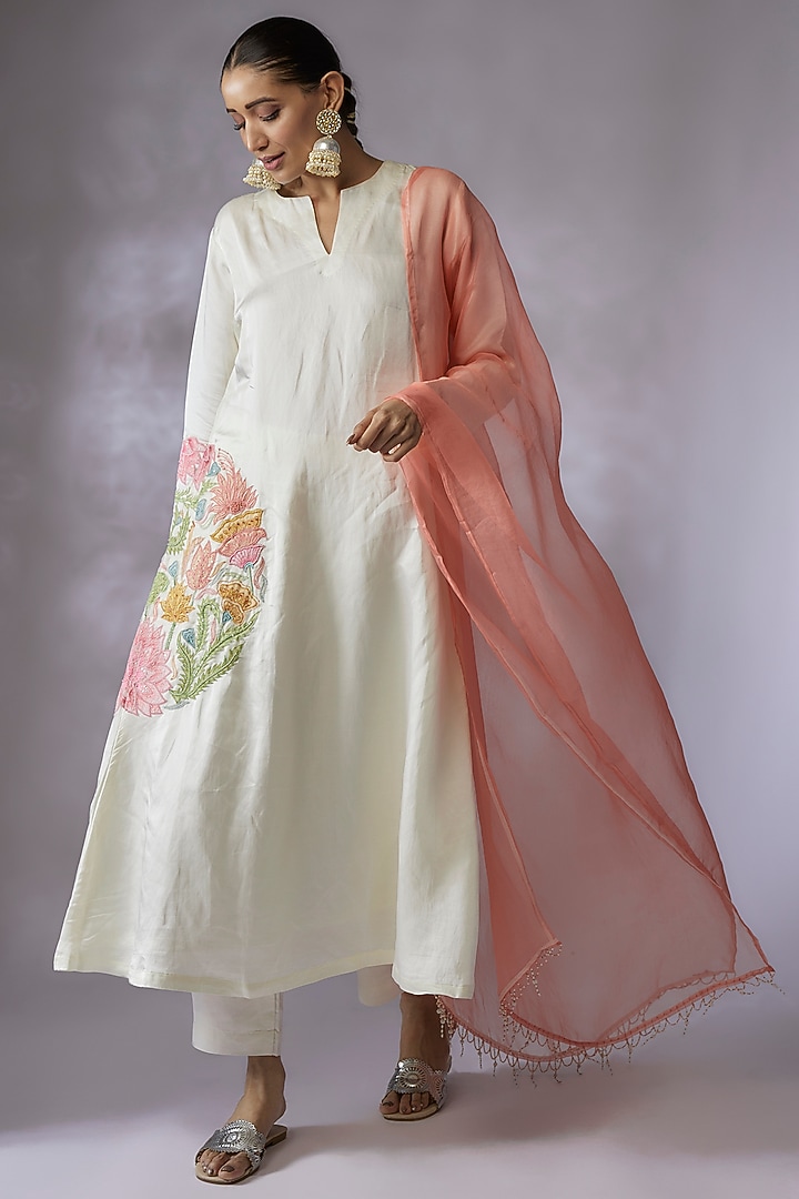 Ivory Silk Linen Satin Embroidered A-Line Kurta Set by SHREEKA at Pernia's Pop Up Shop