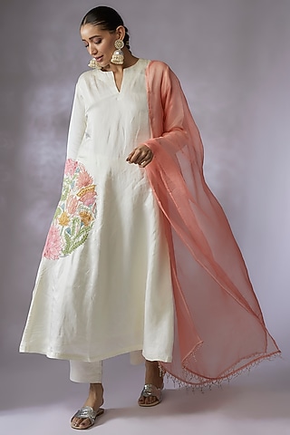 Ivory Silk Linen Satin Embroidered A-Line Kurta Set by SHREEKA