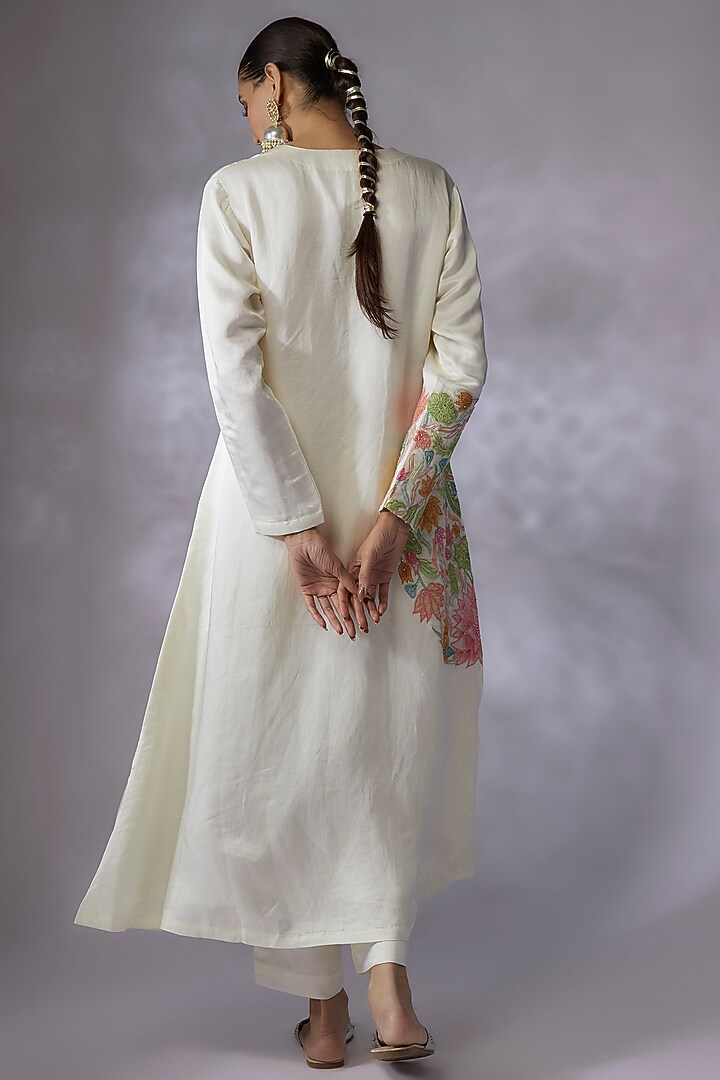Ivory Silk Linen Satin Embroidered A-Line Kurta Set by SHREEKA at Pernia's Pop Up Shop