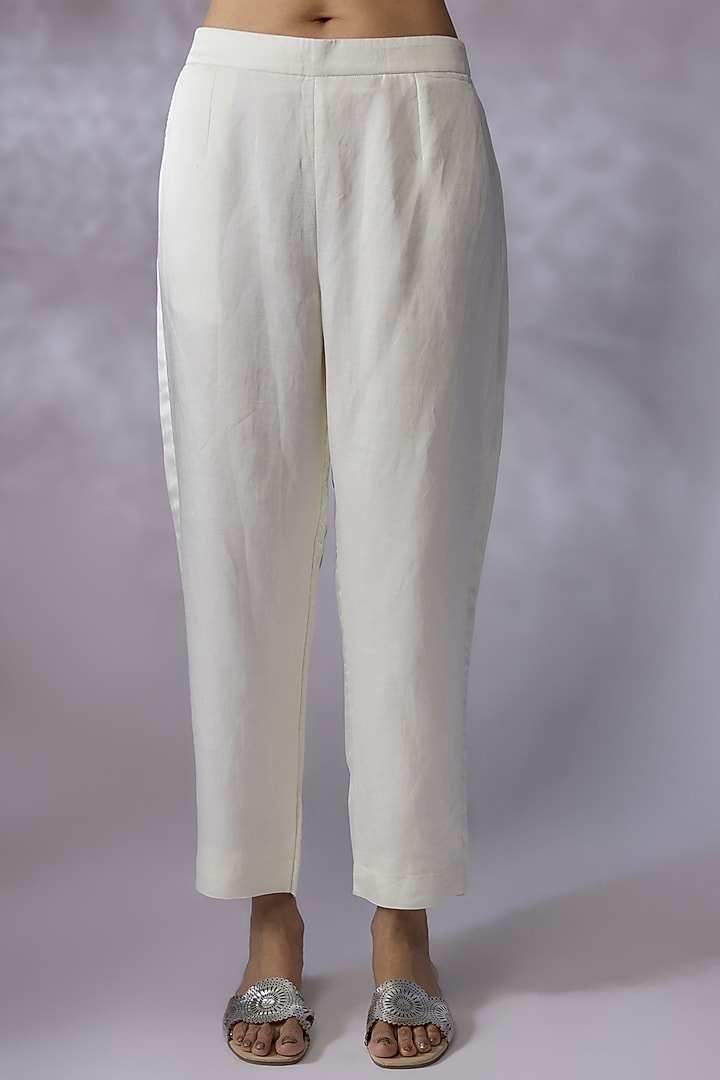 Ivory Silk Linen Satin Embroidered A-Line Kurta Set by SHREEKA at Pernia's Pop Up Shop