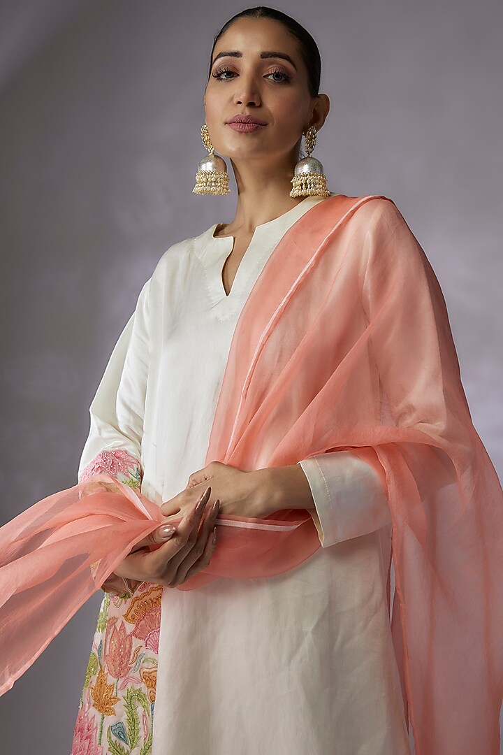 Ivory Silk Linen Satin Embroidered A-Line Kurta Set by SHREEKA at Pernia's Pop Up Shop