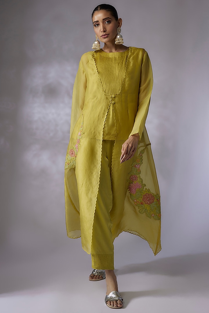 Lime Green Organza Silk Embroidered A-Line Jacket Set by SHREEKA at Pernia's Pop Up Shop