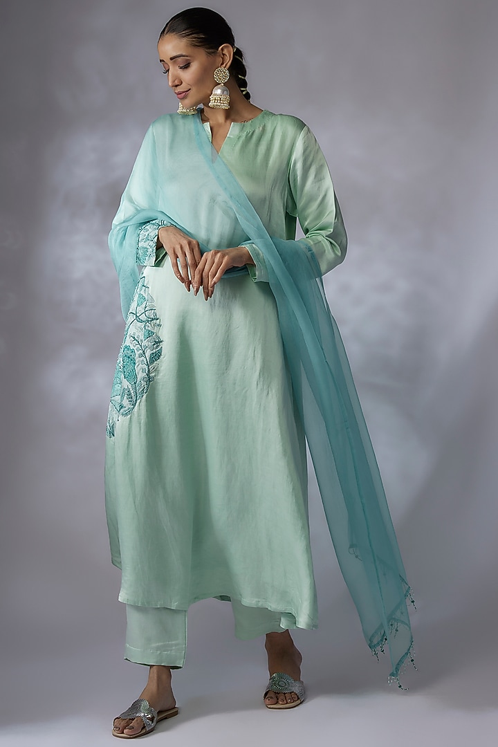 Mint Silk Linen Satin Embroidered A-Line Kurta Set by SHREEKA at Pernia's Pop Up Shop