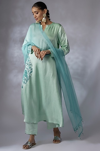 Mint Silk Linen Satin Embroidered A-Line Kurta Set by SHREEKA