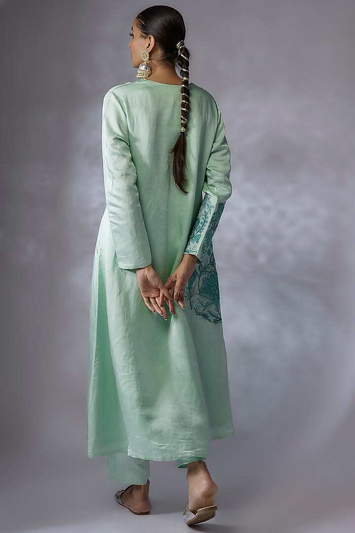 Mint Silk Linen Satin Embroidered A-Line Kurta Set by SHREEKA at Pernia's Pop Up Shop