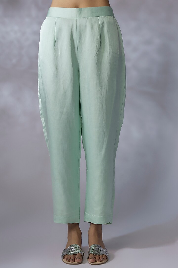 Mint Silk Linen Satin Embroidered A-Line Kurta Set by SHREEKA at Pernia's Pop Up Shop