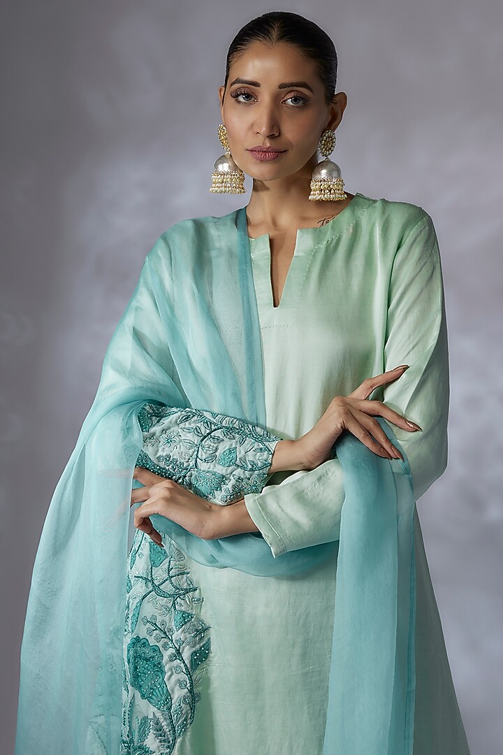 Mint Silk Linen Satin Embroidered A-Line Kurta Set by SHREEKA at Pernia's Pop Up Shop