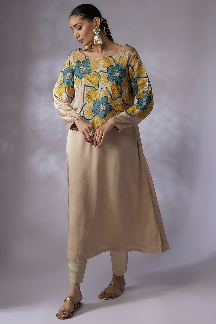 Beige Silk Linen Satin Embroidered A-Line Kurta Set by SHREEKA at Pernia's Pop Up Shop