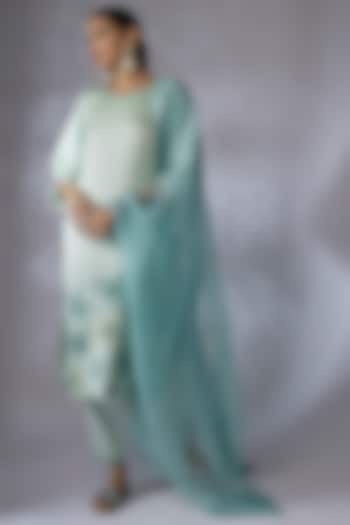 Mint Silk Linen Satin Embroidered Kurta Set by SHREEKA at Pernia's Pop Up Shop