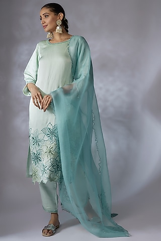 Mint Silk Linen Satin Embroidered Kurta Set by SHREEKA