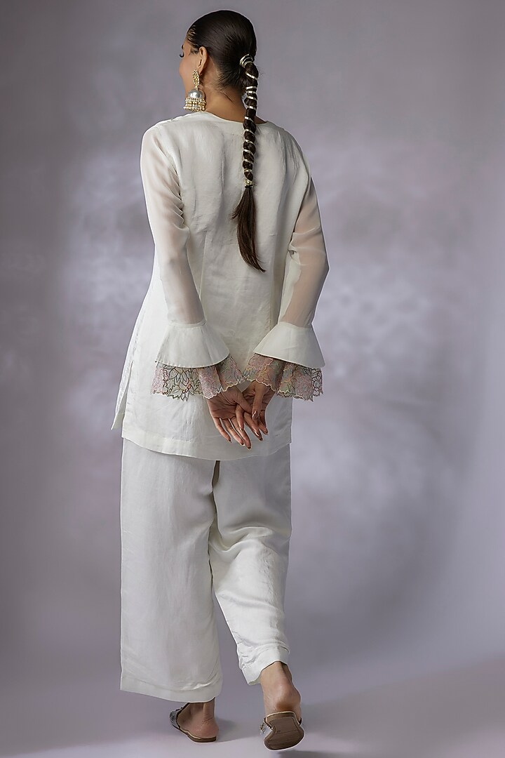 Ivory Silk Linen Satin Embroidered Kurta Set by SHREEKA at Pernia's Pop Up Shop