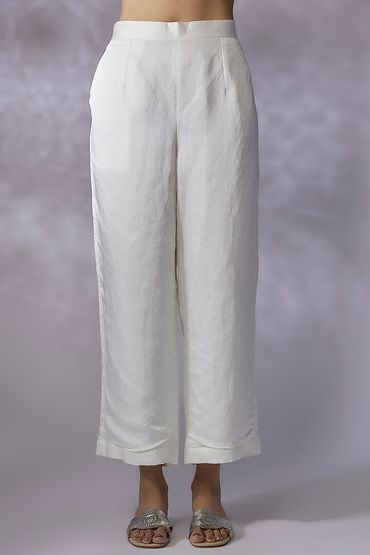 Ivory Silk Linen Satin Embroidered Kurta Set by SHREEKA at Pernia's Pop Up Shop
